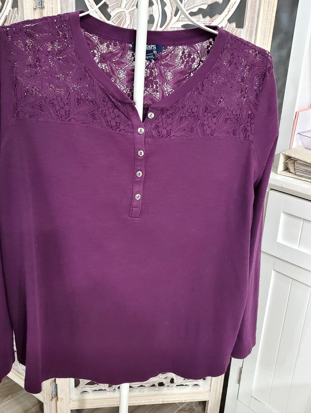 Ralph Lauren CHAPS Plum Lace Yoke Henley Long Sleeve Top Sz 2X